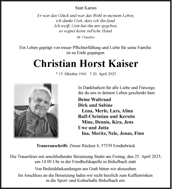 Traueranzeige von Christian Horst Kaiser von WI