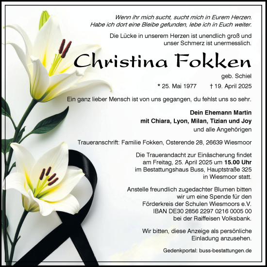 Traueranzeige von Christina Fokken von WZ/JW/AH