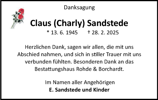 Traueranzeige von Claus Sandstede von Nordwest-Zeitung