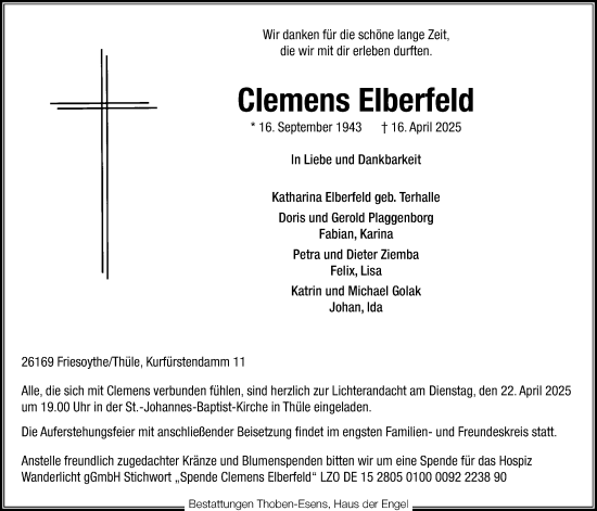 Traueranzeige von Clemens Elberfeld von Nordwest-Zeitung
