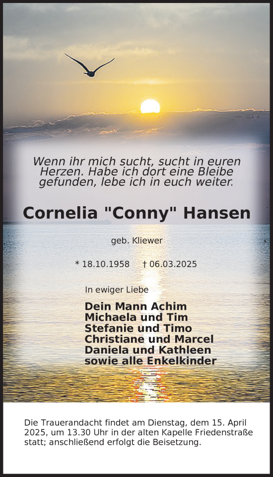Traueranzeige von Cornelia Hansen von WZ/JW/AH