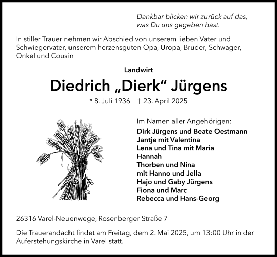 Traueranzeige von Diedrich Jürgens von Nordwest-Zeitung