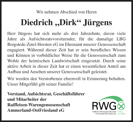 Traueranzeige von Diedrich Jürgens von Nordwest-Zeitung