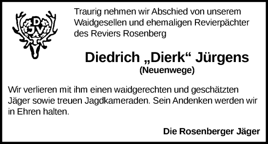 Traueranzeige von Diedrich Jürgens von Nordwest-Zeitung