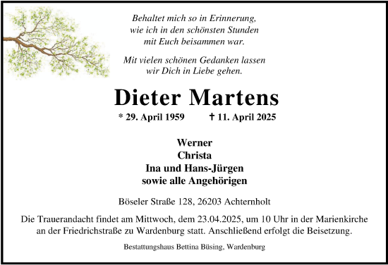 Traueranzeige von Dieter Martens von Nordwest-Zeitung
