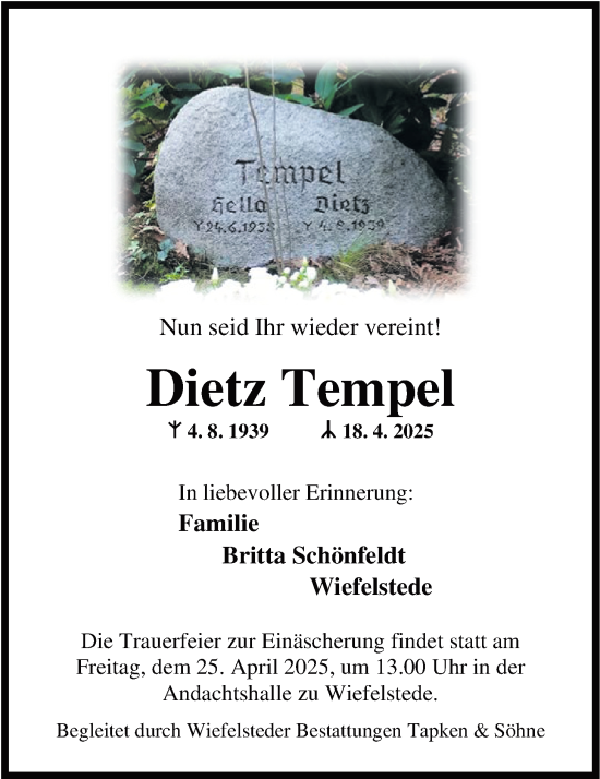 Traueranzeige von Dietz Tempel von Nordwest-Zeitung
