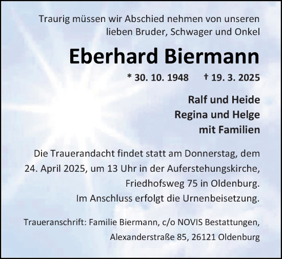 Traueranzeige von Eberhard Biermann von Nordwest-Zeitung
