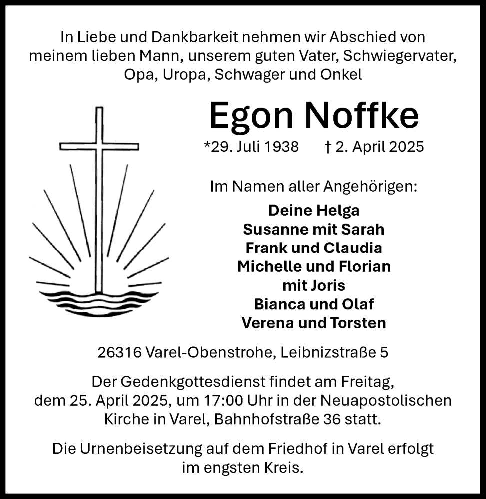  Traueranzeige für Egon Noffke vom 19.04.2025 aus Nordwest-Zeitung