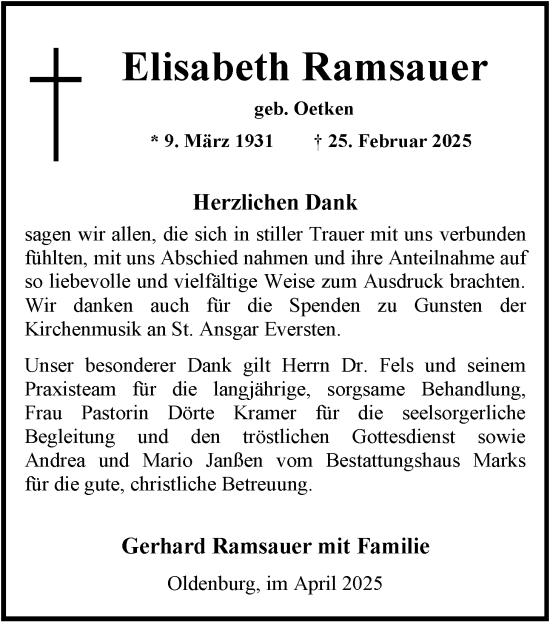 Traueranzeige von Elisabeth Ramsauer von Nordwest-Zeitung