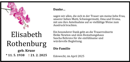 Traueranzeige von Elisabeth Rothenburg von Nordwest-Zeitung