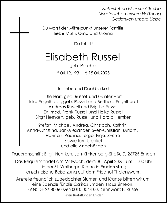 Traueranzeige von Elisabeth Russell von Emder Zeitung