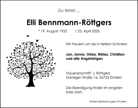 Traueranzeige von Elli Bennmann-Rottgers von Emder Zeitung