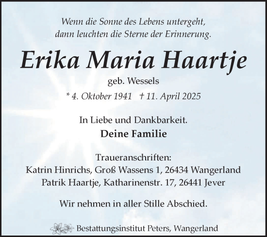 Traueranzeige von Erika Maria Haartje von WZ/JW/AH