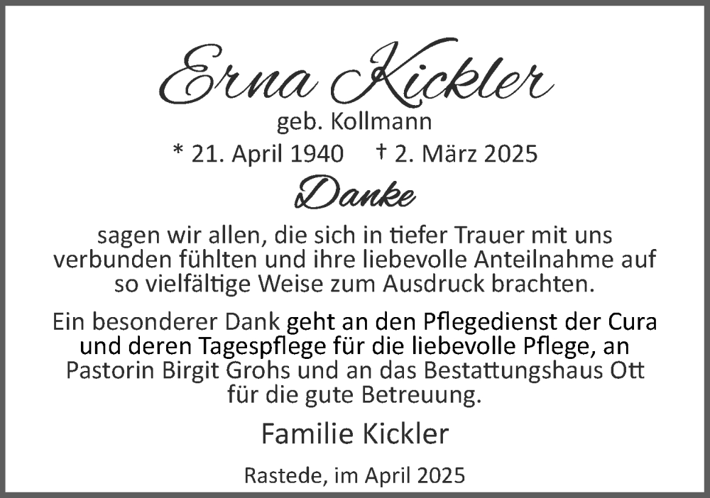  Traueranzeige für Erna Kickler vom 14.04.2025 aus Nordwest-Zeitung