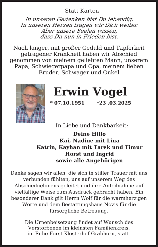 Traueranzeige von Erwin Vogel von WZ/JW/AH