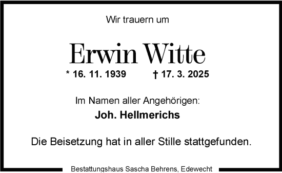 Traueranzeige von Erwin Witte von Nordwest-Zeitung