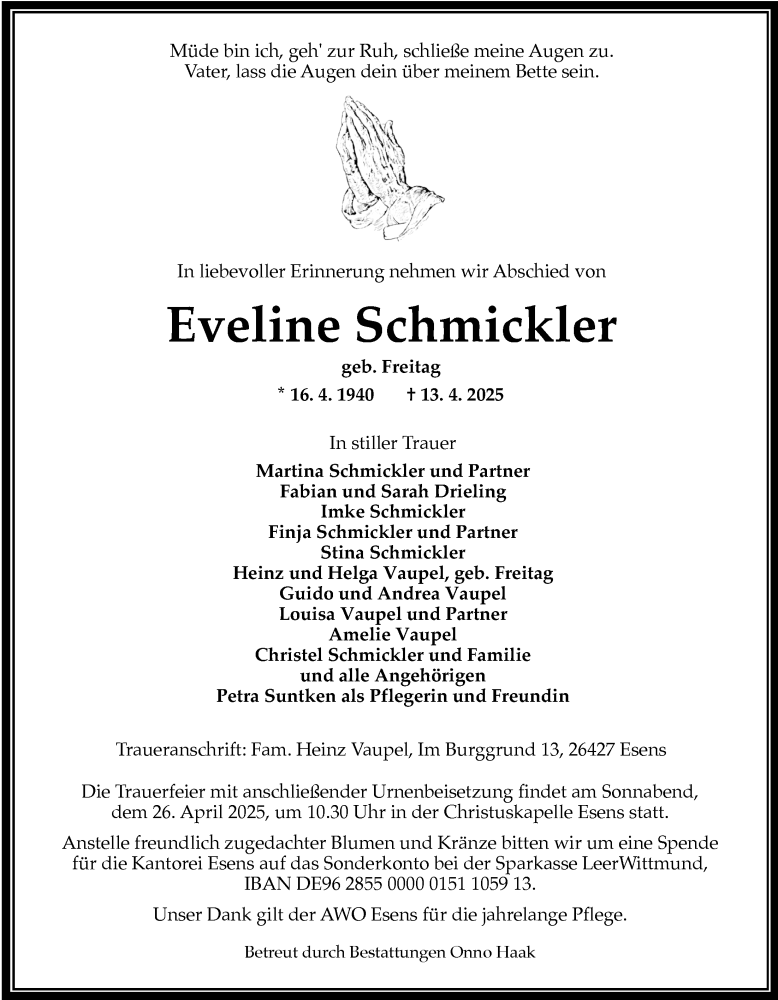  Traueranzeige für Eveline Schmickler vom 16.04.2025 aus WZ/JW/AH