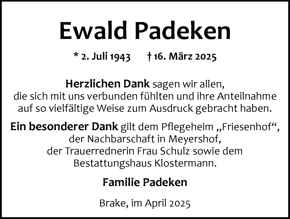  Traueranzeige für Ewald Padeken vom 19.04.2025 aus Nordwest-Zeitung