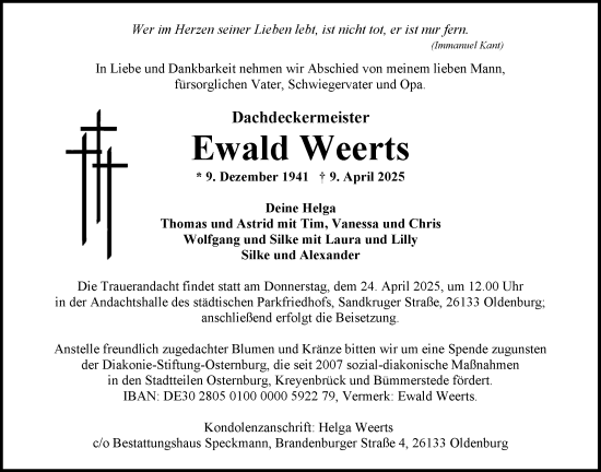 Traueranzeige von Ewald Weerts von Nordwest-Zeitung