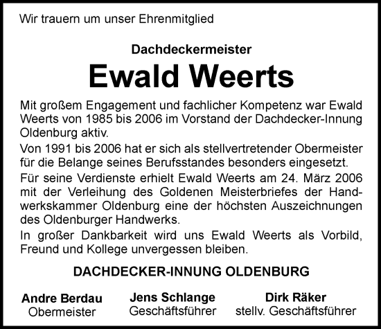 Traueranzeige von Ewald Weerts von Nordwest-Zeitung