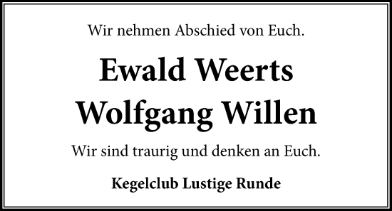 Traueranzeige von Ewald Weerts von Nordwest-Zeitung