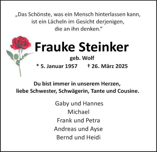 Traueranzeige von Frauke Steinker von Nordwest-Zeitung