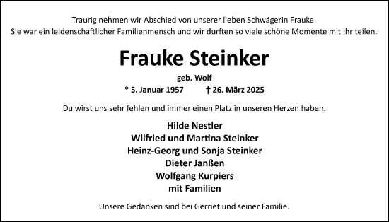 Traueranzeige von Frauke Steinker von Nordwest-Zeitung