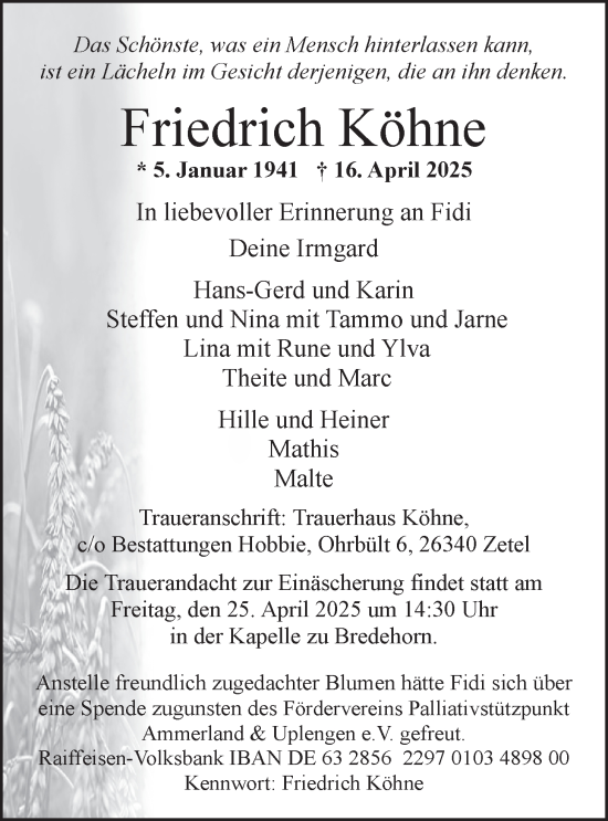 Traueranzeige von Friedrich Köhne von Nordwest-Zeitung