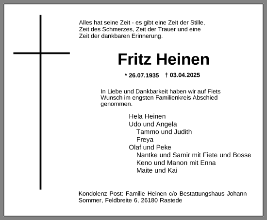 Traueranzeige von Fritz Heinen von Nordwest-Zeitung