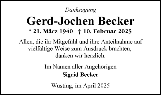 Traueranzeige von Gerd-Jochen Becker von Nordwest-Zeitung