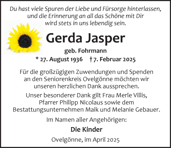 Traueranzeige von Gerda Jasper von Nordwest-Zeitung