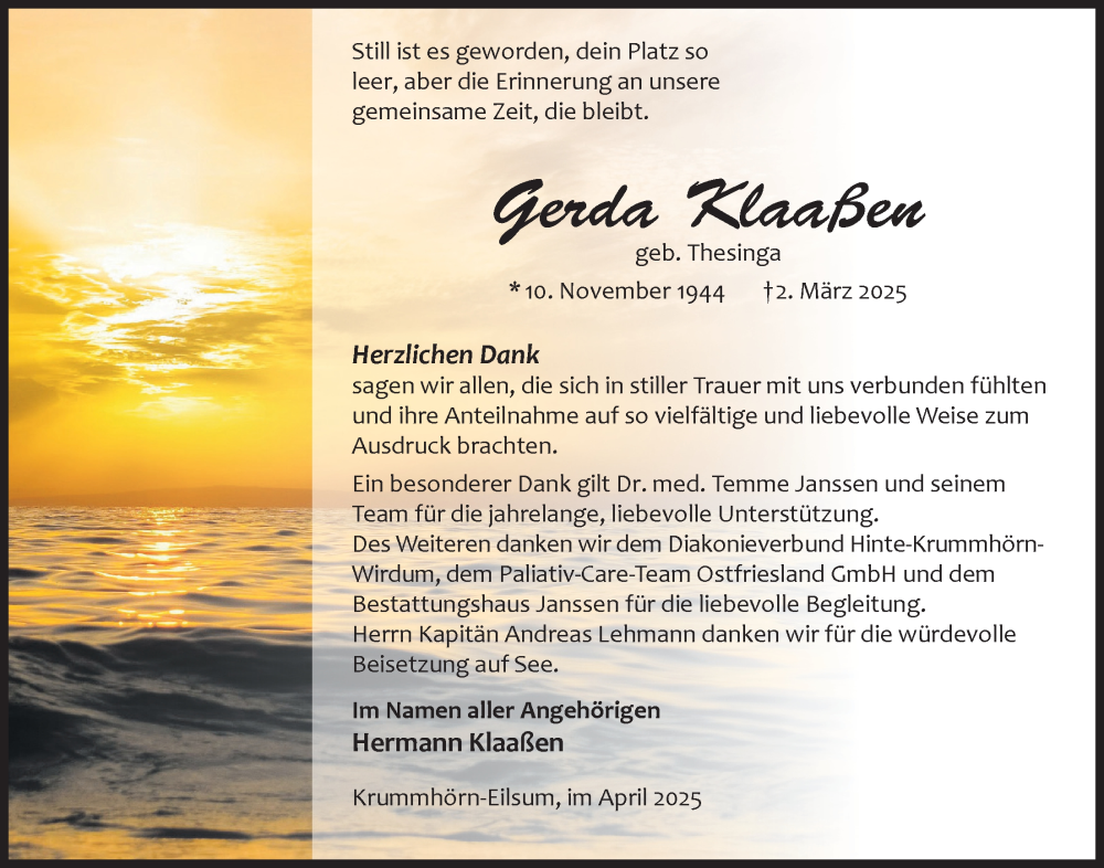  Traueranzeige für Gerda Klaaßen vom 12.04.2025 aus Emder Zeitung