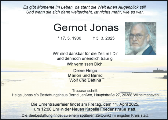 Traueranzeige von Gernot Jonas von WZ/JW/AH