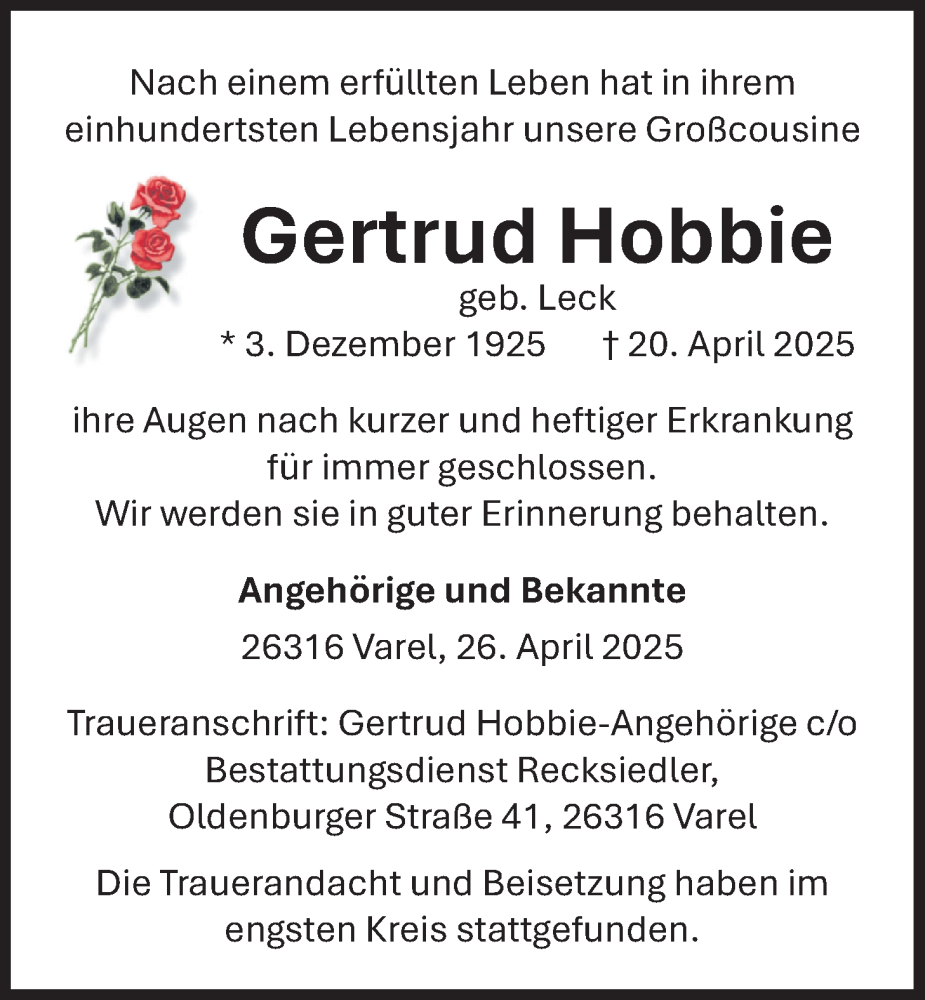 Traueranzeige für Gertrud Hobbie vom 26.04.2025 aus Nordwest-Zeitung