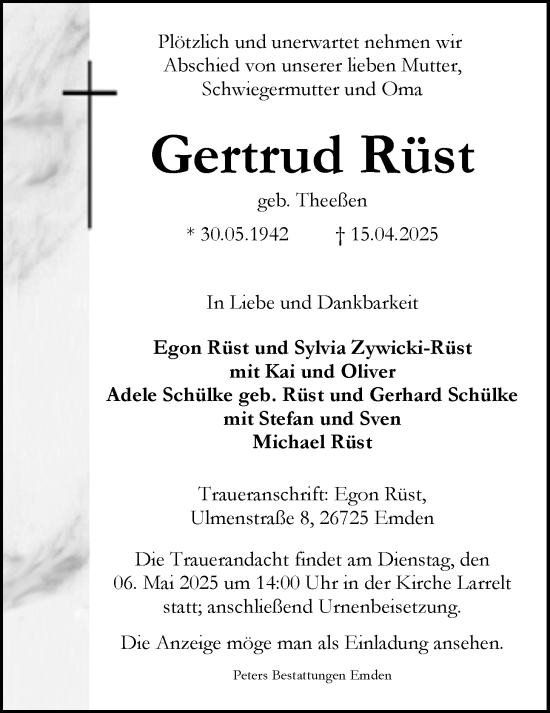 Traueranzeige von Gertrud Rüst von Emder Zeitung
