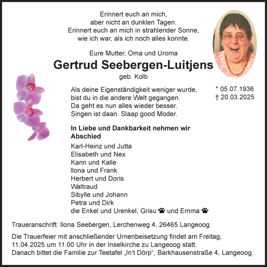 Traueranzeige von Gertrud Seebergen-Luitjens von WZ/JW/AH