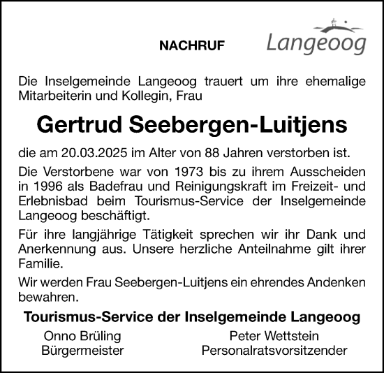Traueranzeige von Gertrud Seebergen-Luitjens von WZ/JW/AH
