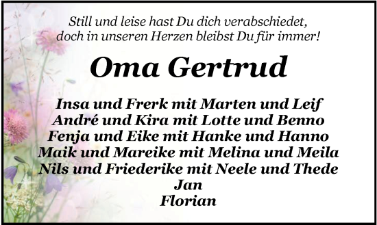 Traueranzeige von Gertrud von Aschwege von Nordwest-Zeitung