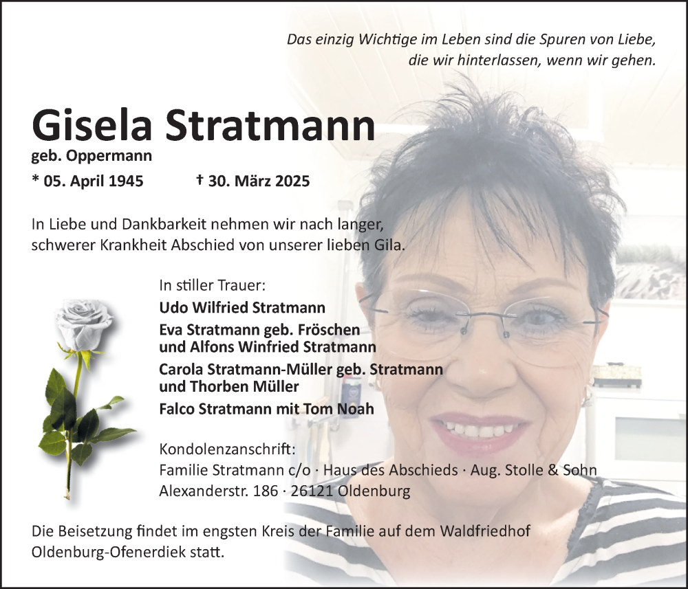  Traueranzeige für Gisela Stratmann vom 05.04.2025 aus Nordwest-Zeitung