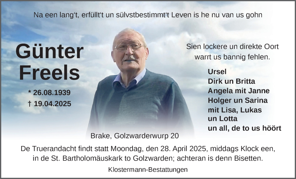  Traueranzeige für Günter Freels vom 25.04.2025 aus Nordwest-Zeitung