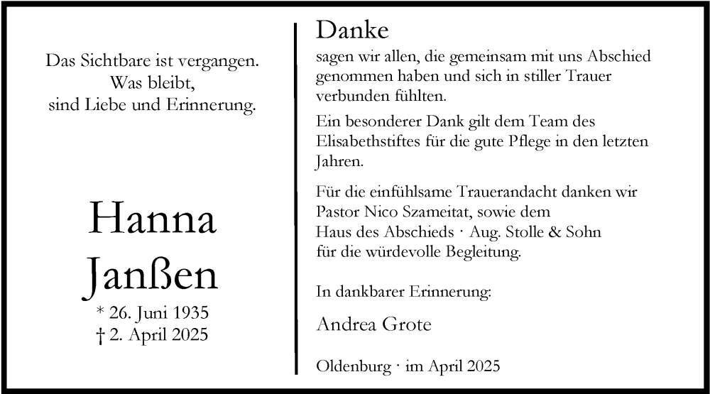  Traueranzeige für Hanna Janßen vom 26.04.2025 aus Nordwest-Zeitung