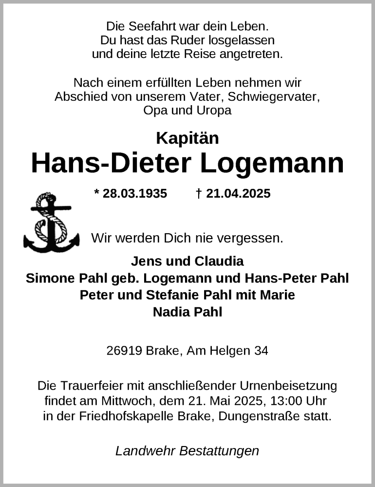  Traueranzeige für Hans-Dieter Logemann vom 26.04.2025 aus Nordwest-Zeitung