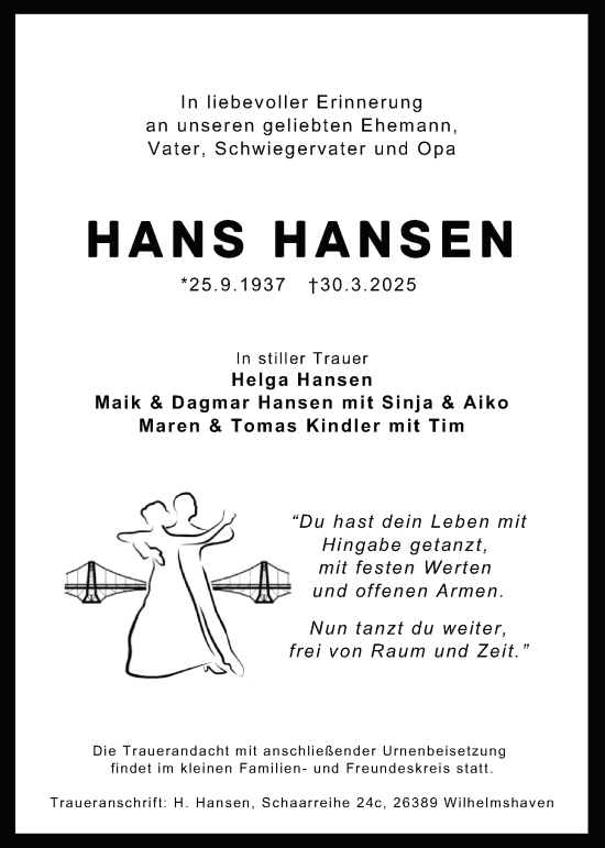 Traueranzeige von Hans Hansen von WZ/JW/AH