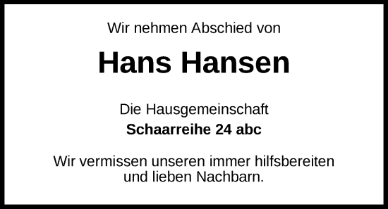 Traueranzeige von Hans Hansen von WZ/JW/AH