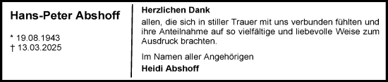 Traueranzeige von Hans-Peter Abshoff von Emder Zeitung