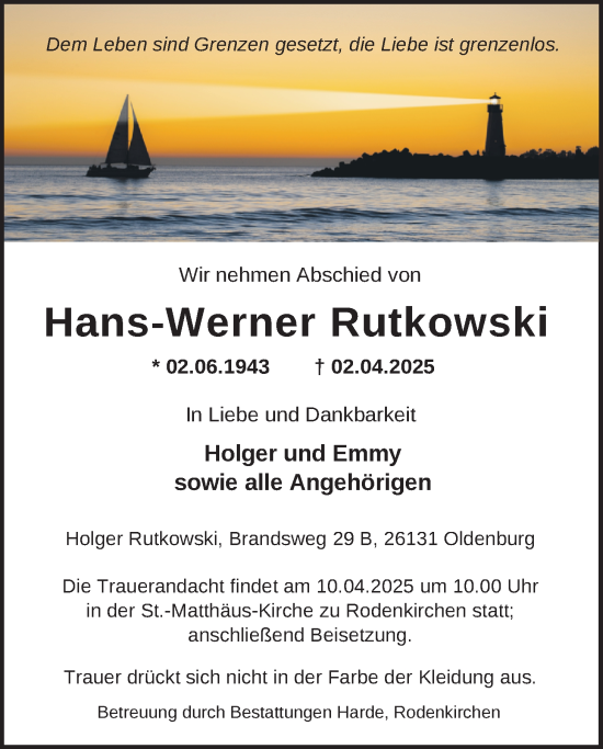Traueranzeige von Hans-Werner Rutkowski von Nordwest-Zeitung