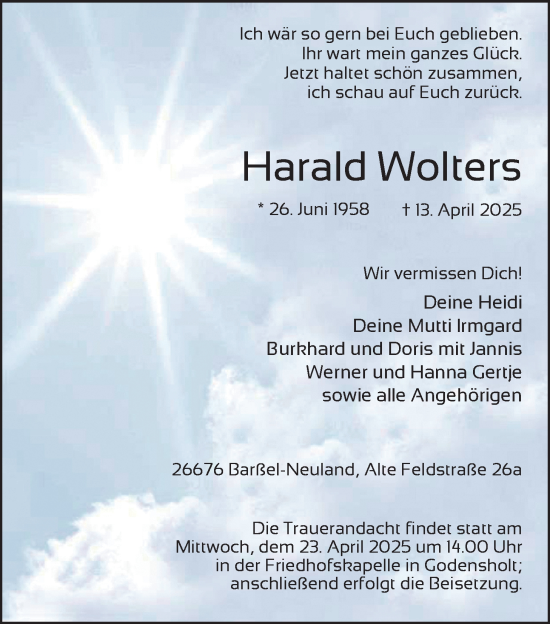 Traueranzeige von Harald Wolters von Nordwest-Zeitung