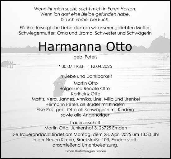Traueranzeige von Harmanna Otto von Emder Zeitung