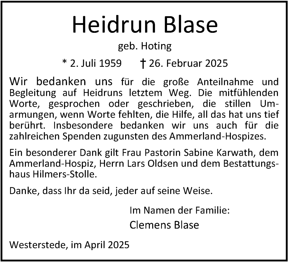 Traueranzeige für Heidrun Blase vom 26.04.2025 aus Nordwest-Zeitung