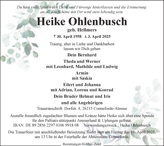 Traueranzeige von Heike Ohlenbusch von Nordwest-Zeitung